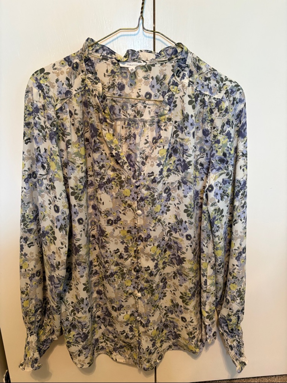 Maurices Floral Ruffle-Neck Button Blouse in Cream, Blue and Green